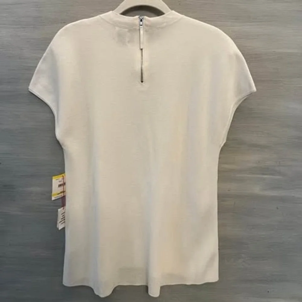 Anne‎ Klein White Knit Floral Embellished Cap Sleeve Sweater Medium GC